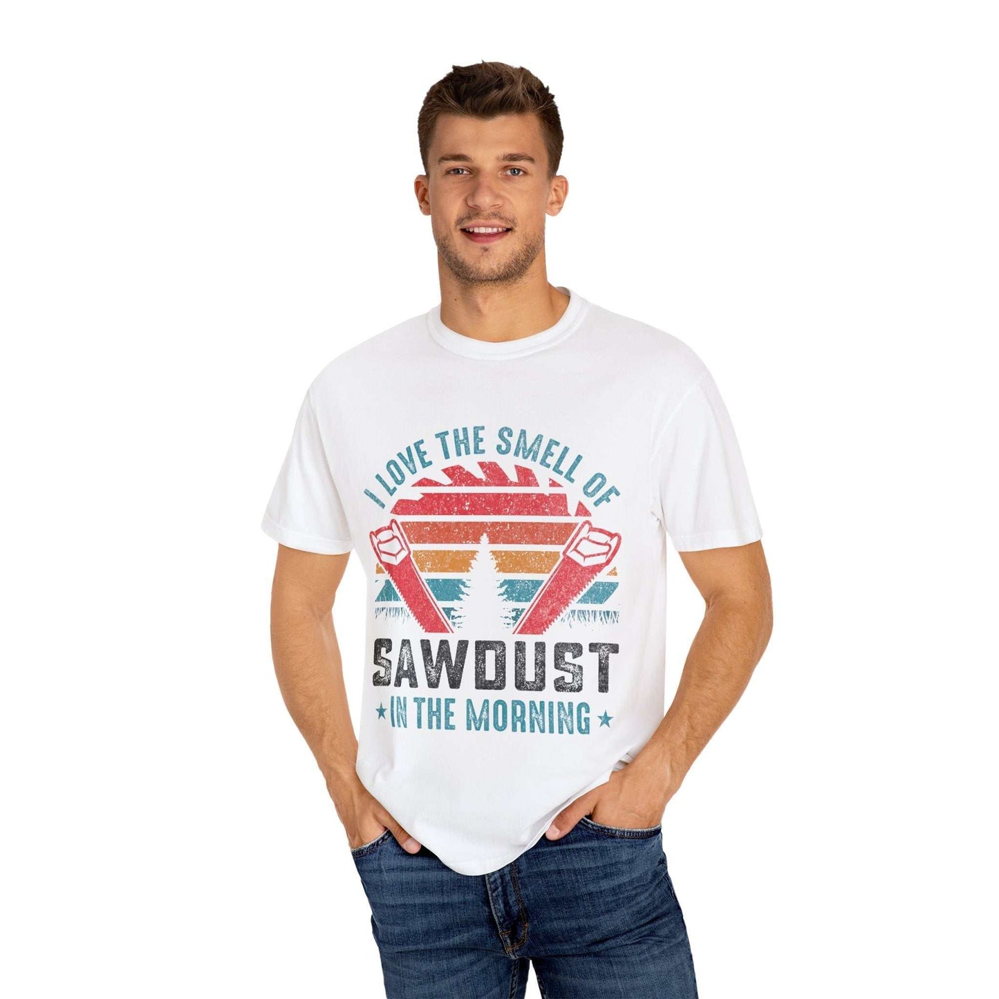 Man wearing white Comfort Colors 1717 garment-dyed t-shirt with graphic print, showcasing casual style.