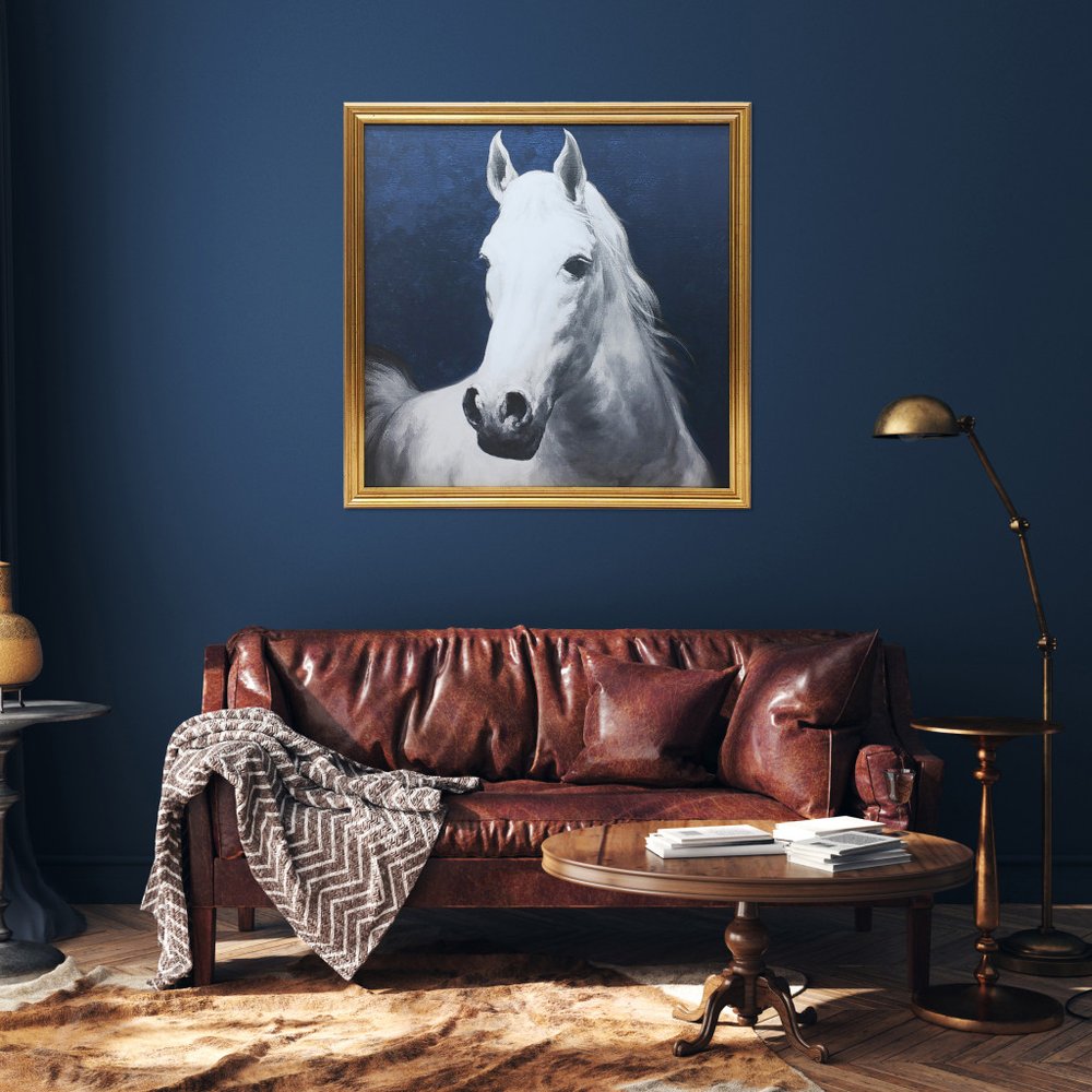 Majestic Horse Wall Art - Blue & White Gold Framed Print