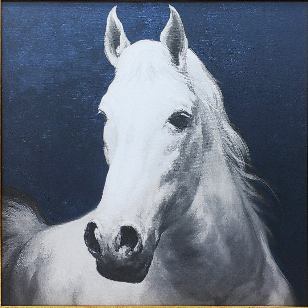 Majestic Horse Wall Art - Blue & White Gold Framed Print