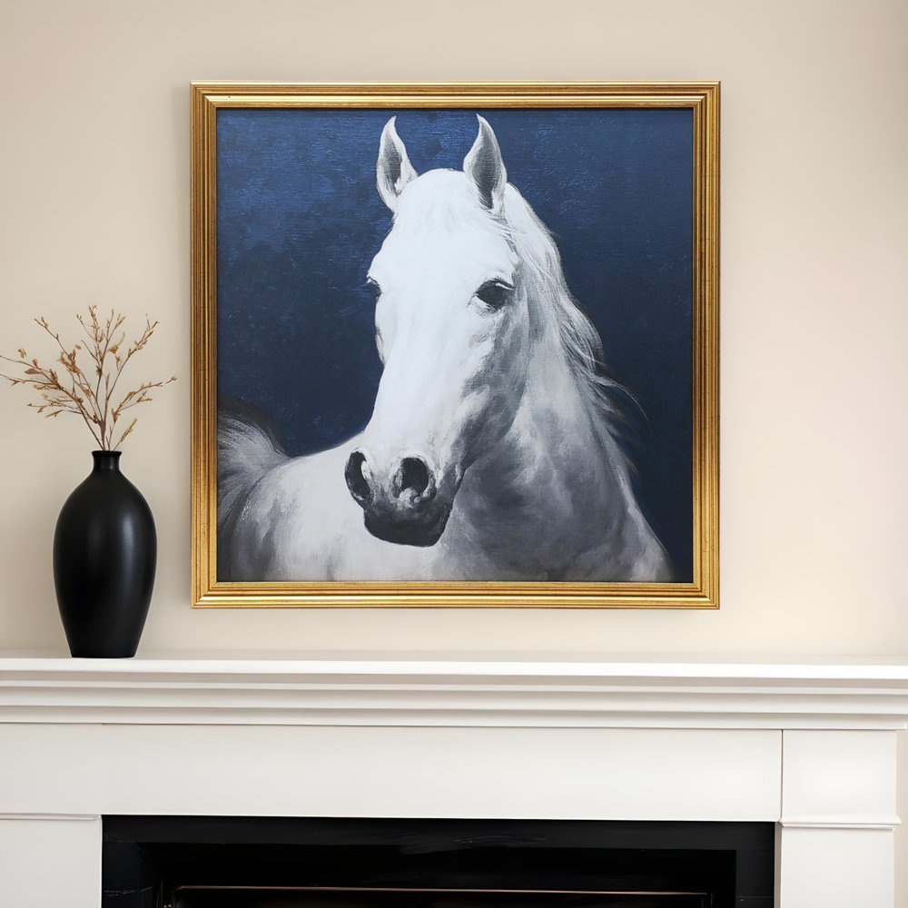 Majestic Horse Wall Art - Blue & White Gold Framed Print