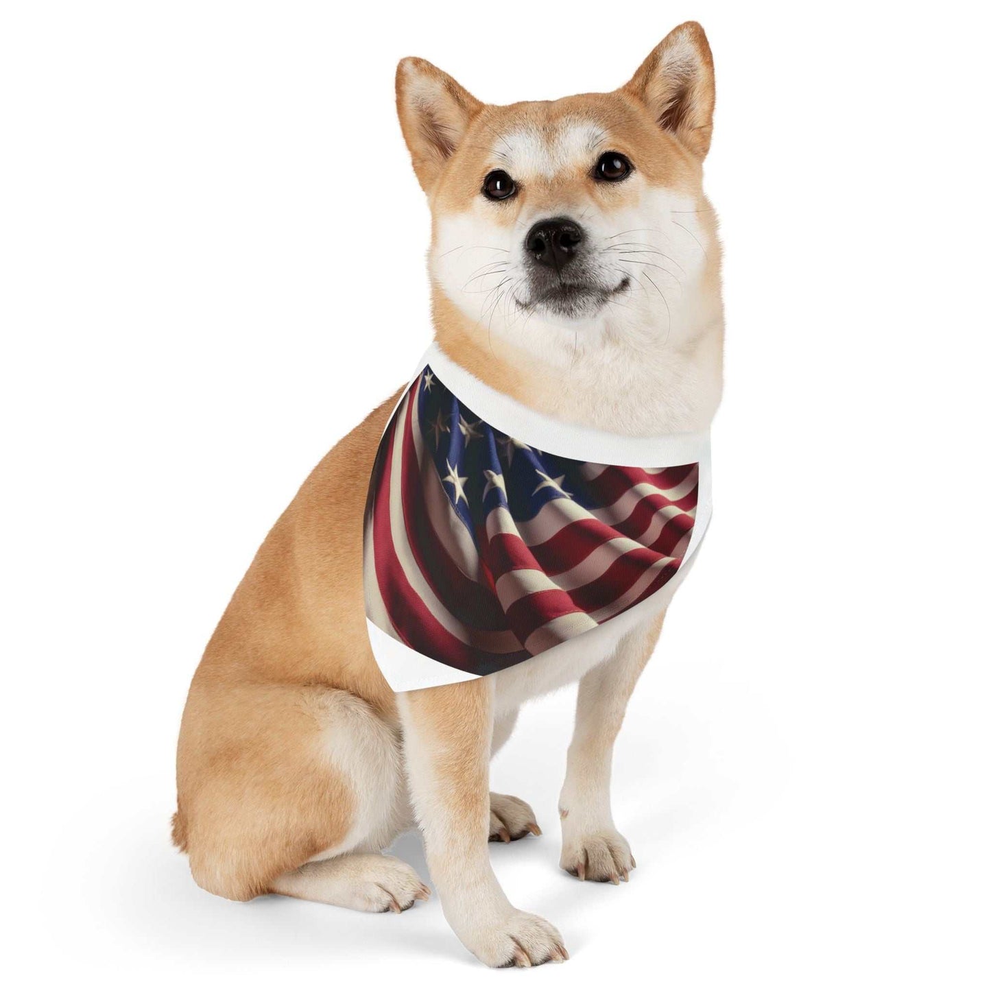 Pet wearing a patriotic polyester pet bandana collar with adjustable black collar.