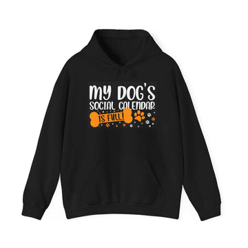Dog's Social Calendar Hoodie with paw and bone design, black.