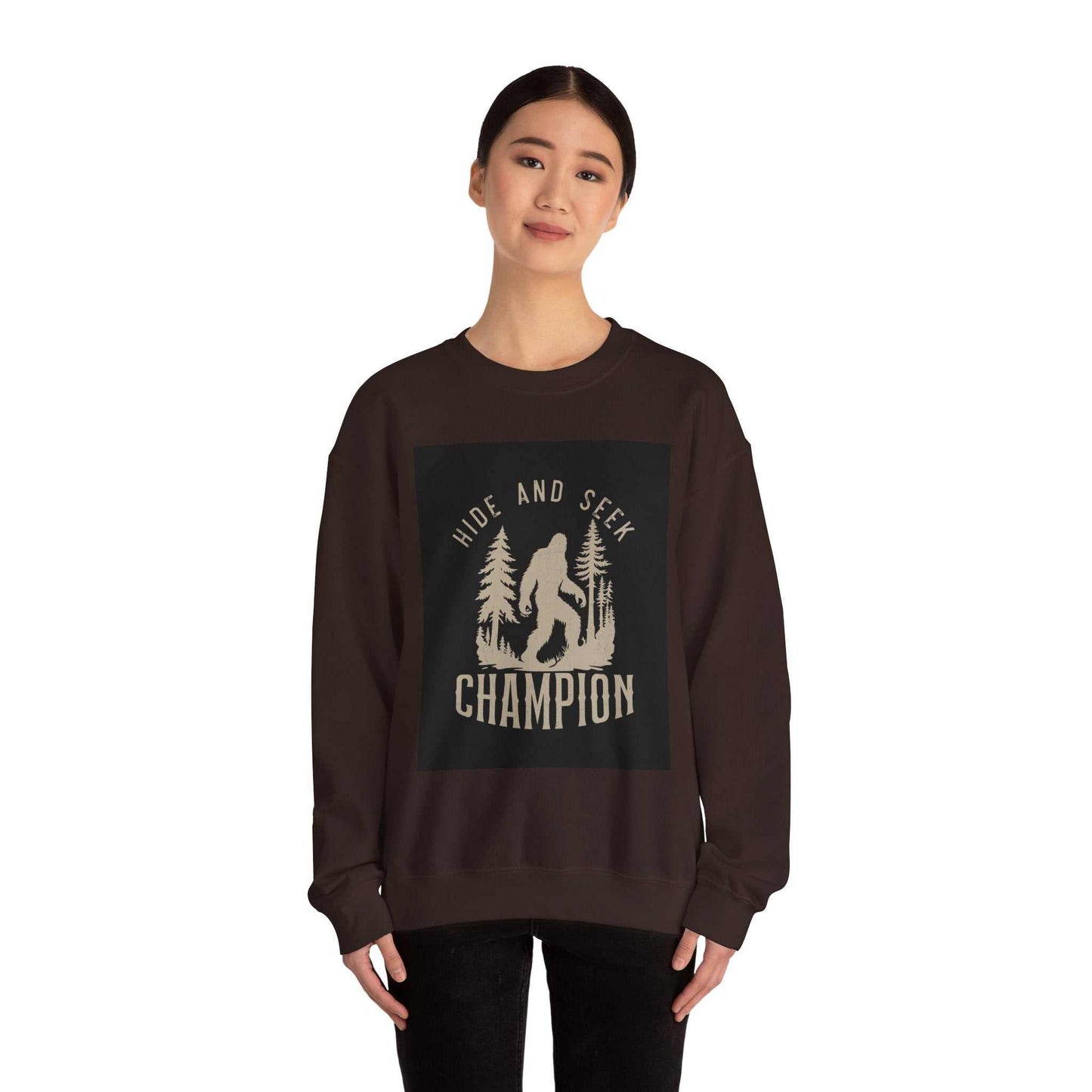 Unisex Heavy Blend™ Crewneck Sweatshirt with 'Hide and Seek Champion' design, featuring ribbed knit collar and durable stitching.