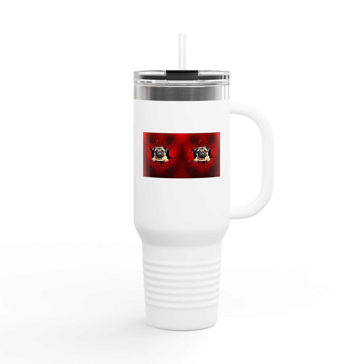 Insulated travel mug 40 oz with straw and lid, stainless steel, double-wall insulation, powder-coated finish.