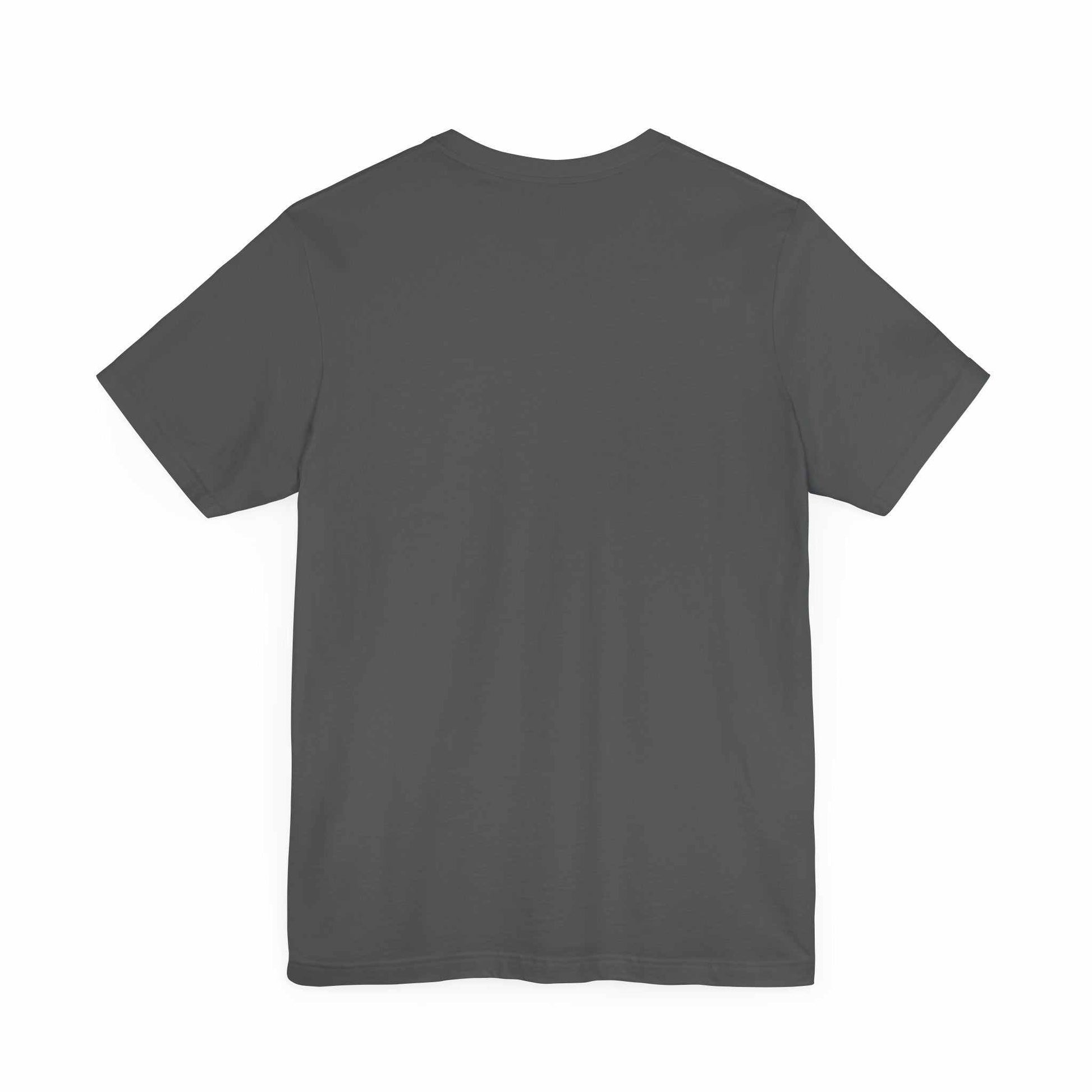 Unisex jersey short sleeve tee in dark gray, classic fit, soft cotton blend, back view.