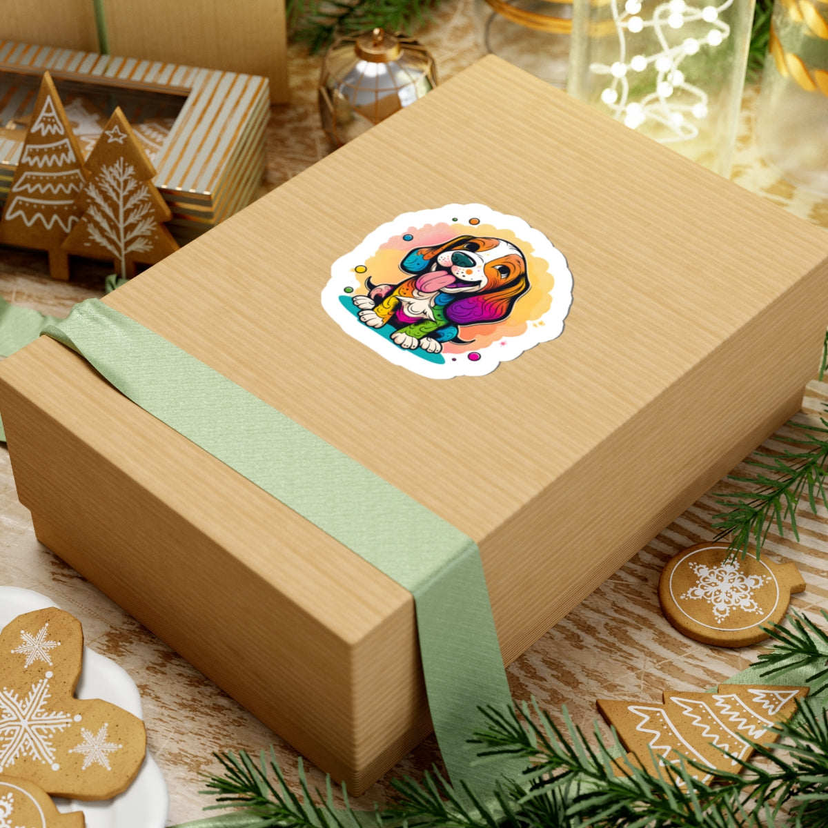 Kiss-Cut Stickers on gift box with dog design, perfect for indoor decor; 100% durable vinyl with glossy finish.