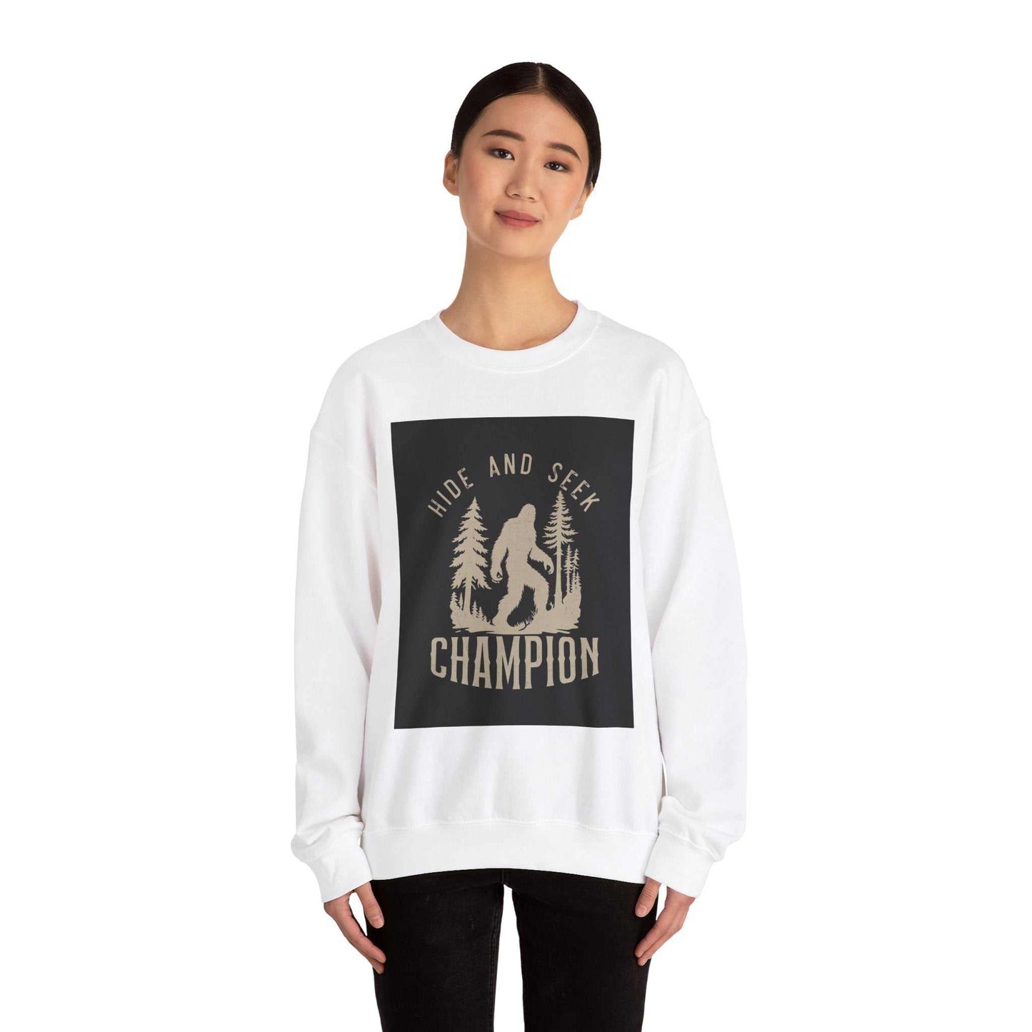 Unisex Heavy Blend™ Crewneck Sweatshirt with "Hide and Seek Champion" design, ribbed knit collar, medium-heavy fabric blend.