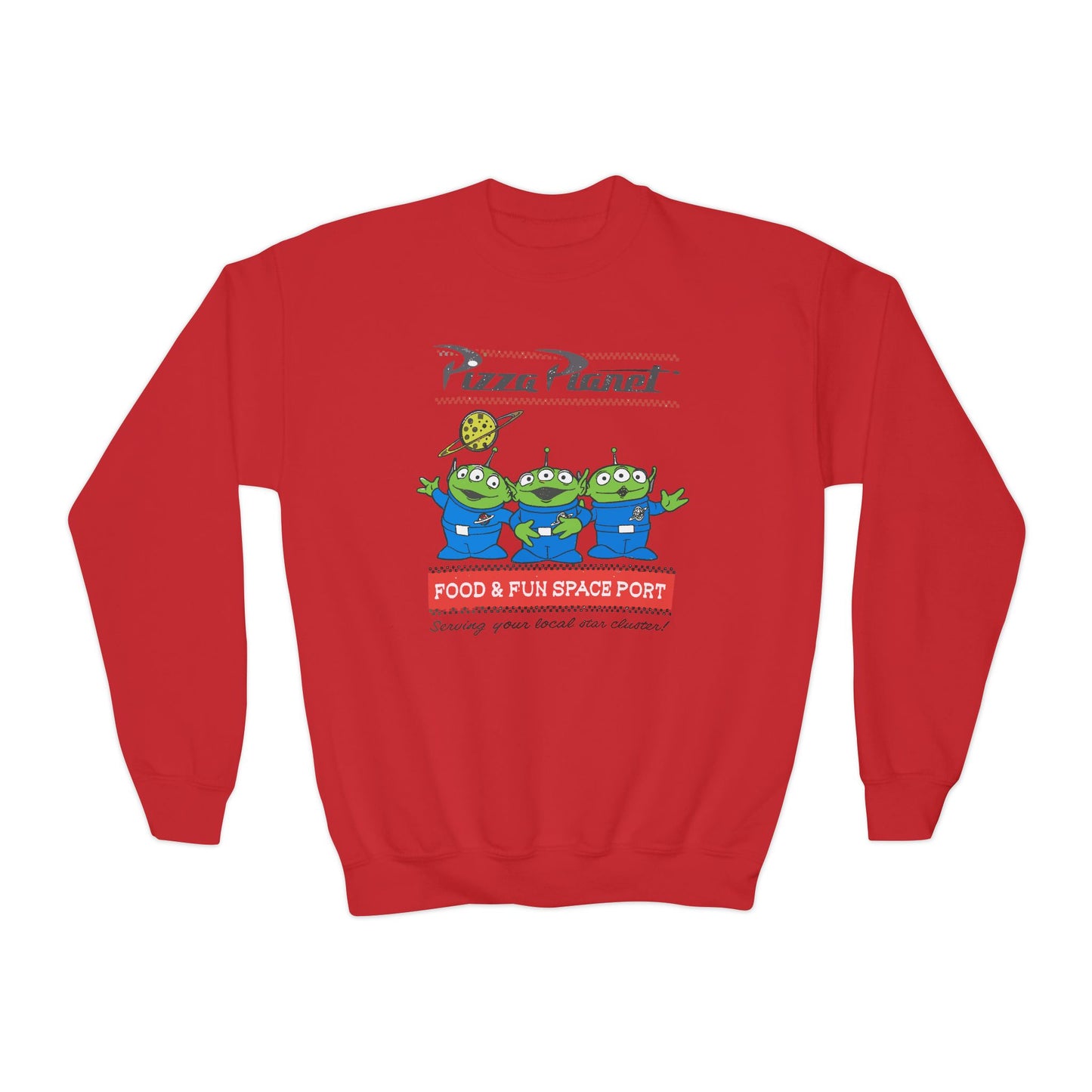 Pizza Planet Youth Crewneck Sweatshirt | Fun & Playful Gift for Kids, Space Theme Apparel, Ideal for Birthdays, Halloween, Everyday Wear