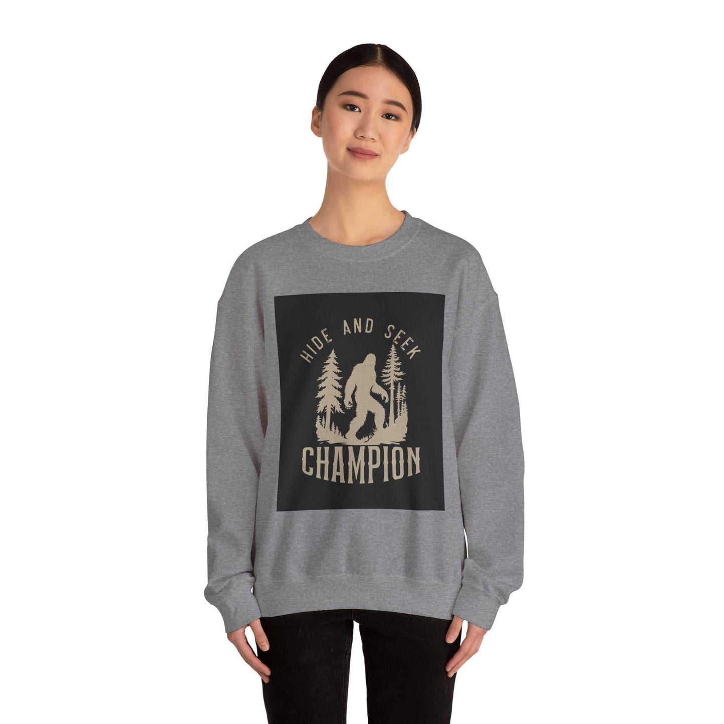 Unisex Heavy Blend™ Crewneck Sweatshirt with Hide and Seek Champion graphic design.