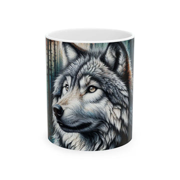 Majestic Wolf Ceramic Mug with vibrant wolf design, 11oz and 15oz sizes.