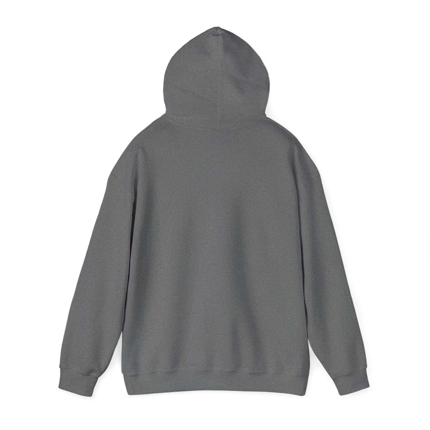 Unisex heavy blend hooded sweatshirt in gray, back view, showcasing soft cotton-polyester fabric.