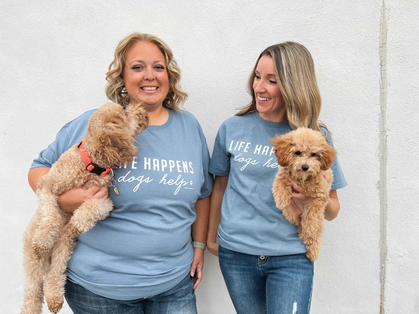 Comfort Wash Graphic Tee in Saltwater color with "LIFE HAPPENS DOGS HELP" print.