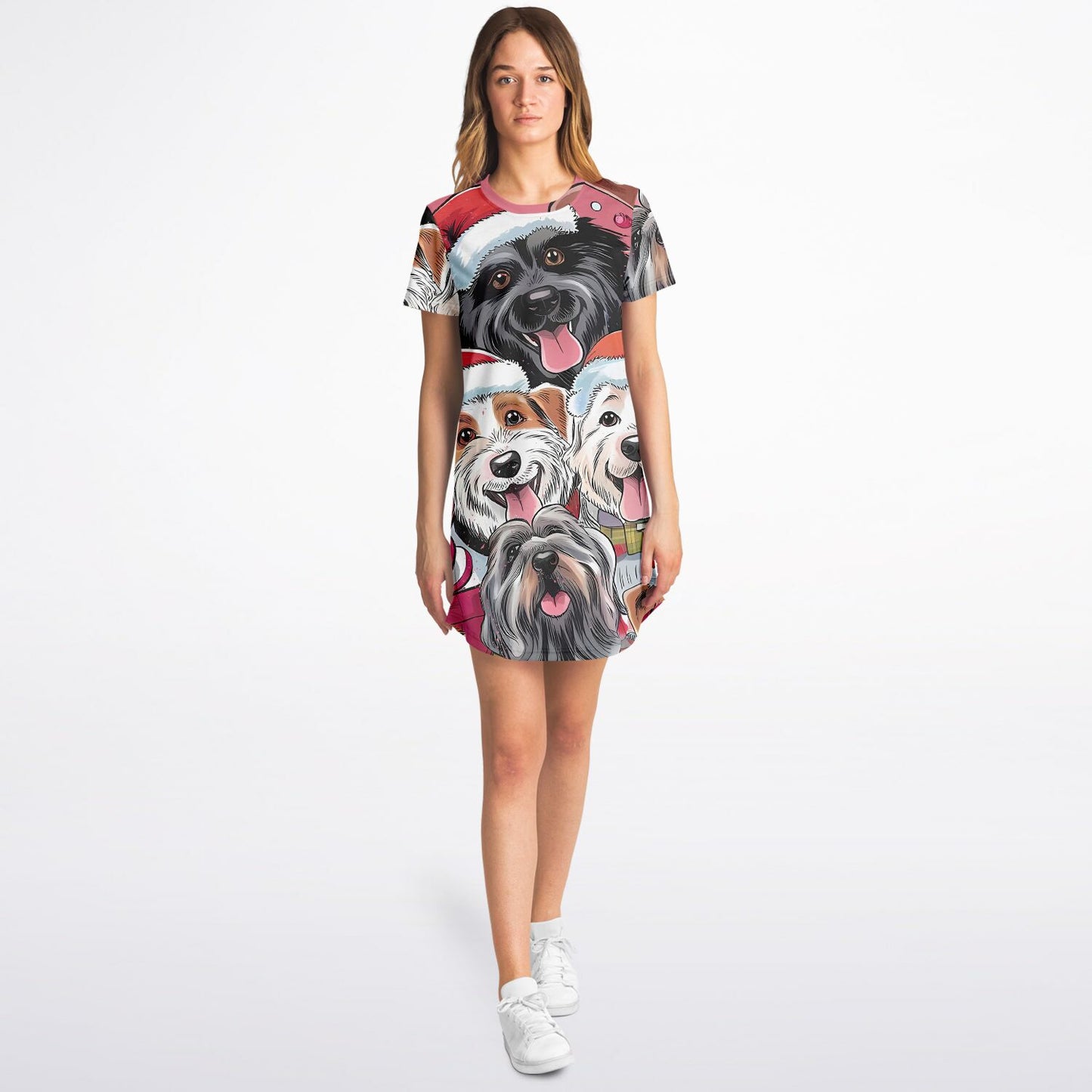 Christmas Dogs AOP T-Shirt Dress – Festive All-Over Print Holiday Style