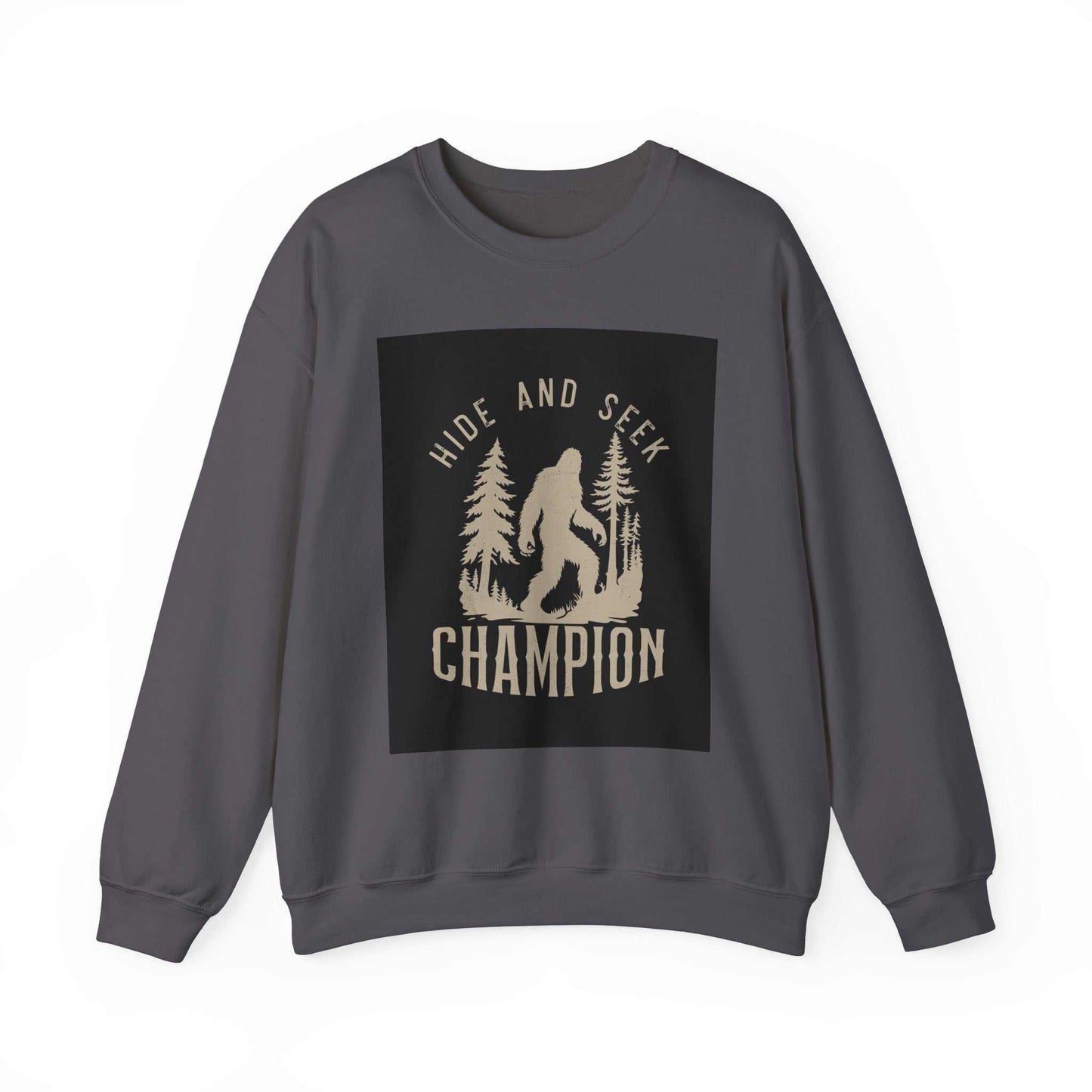 Unisex Heavy Blend™ Crewneck Sweatshirt with "Hide and Seek Champion" print, featuring cozy polyester-cotton blend, ribbed collar, and durable stitching.