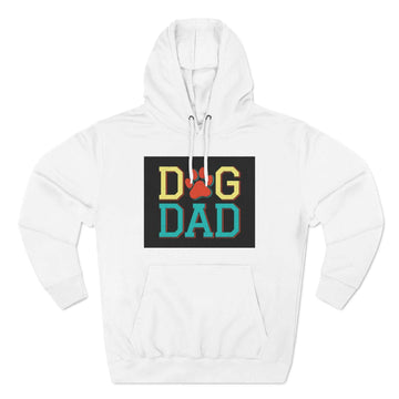 Three-Panel Fleece Hoodie with "Dog Dad" design, cozy pullover in white.