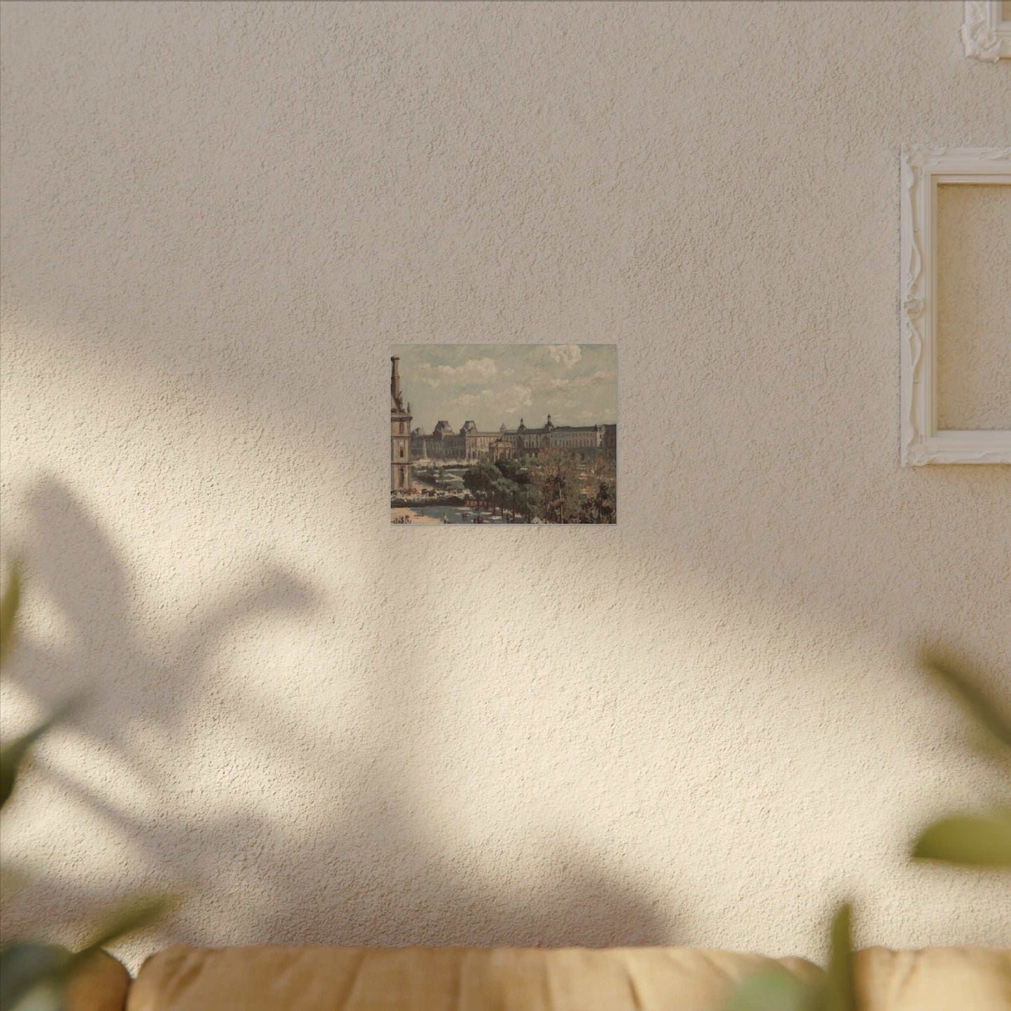 Matte canvas with custom artwork, stretched and eco-friendly, hanging on a wall with sunlight.