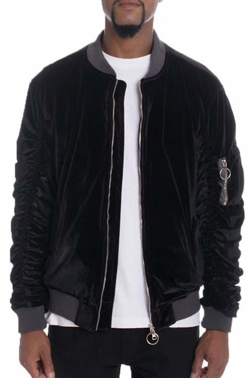 Velour Cinch Sleeve Bomber Jacket - Stylish & Comfortable