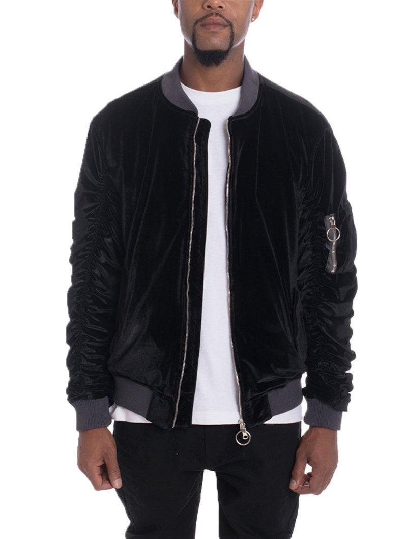 Velour Cinch Sleeve Bomber Jacket - Stylish & Comfortable