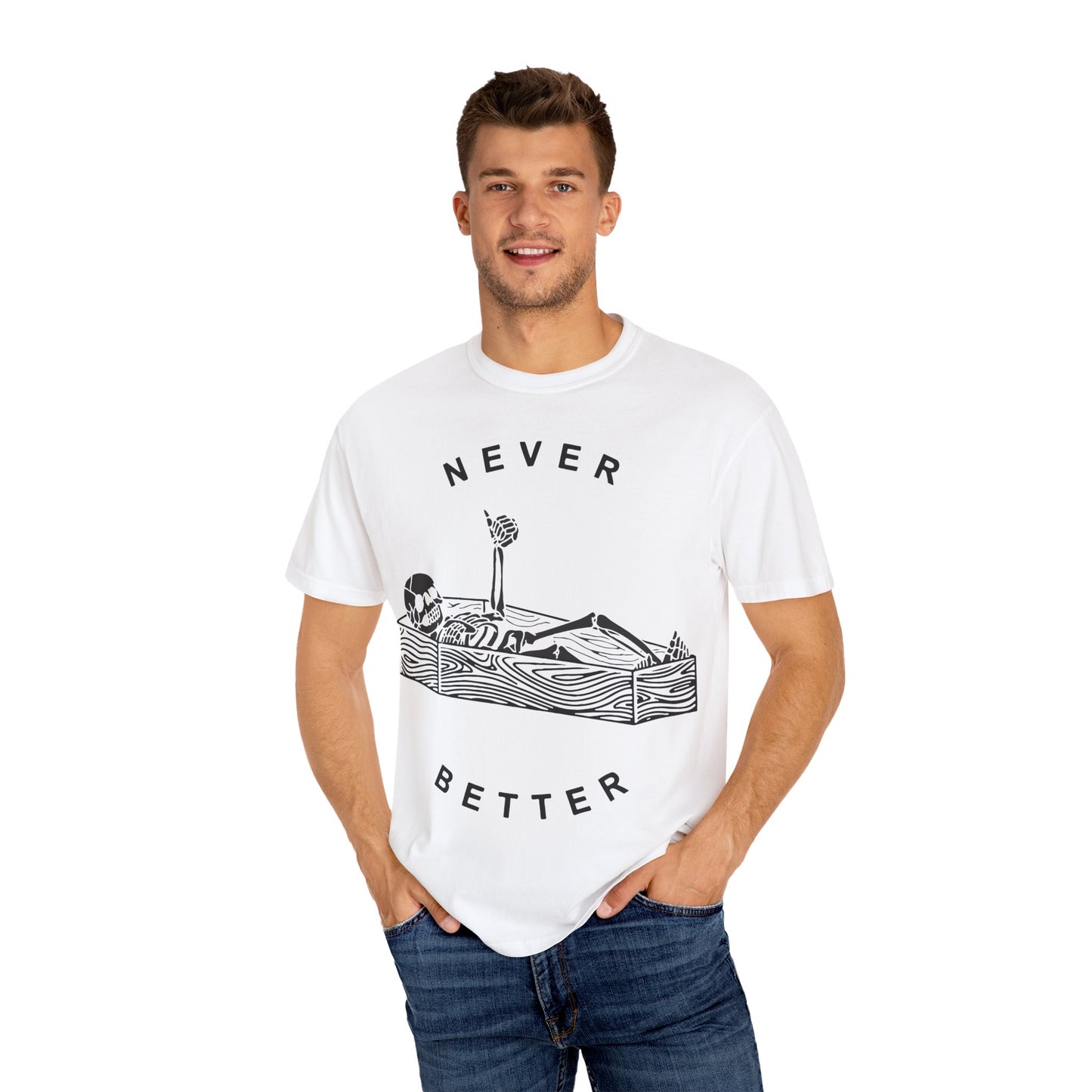 Halloween t-shirts never better skeleton giving a thumbs up in a casket