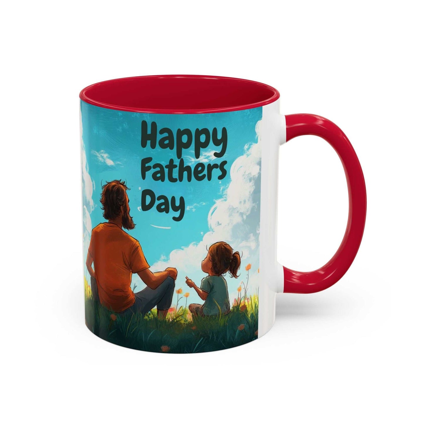 Colorful ceramic mug with "Happy Fathers Day" design, red handle and interior.