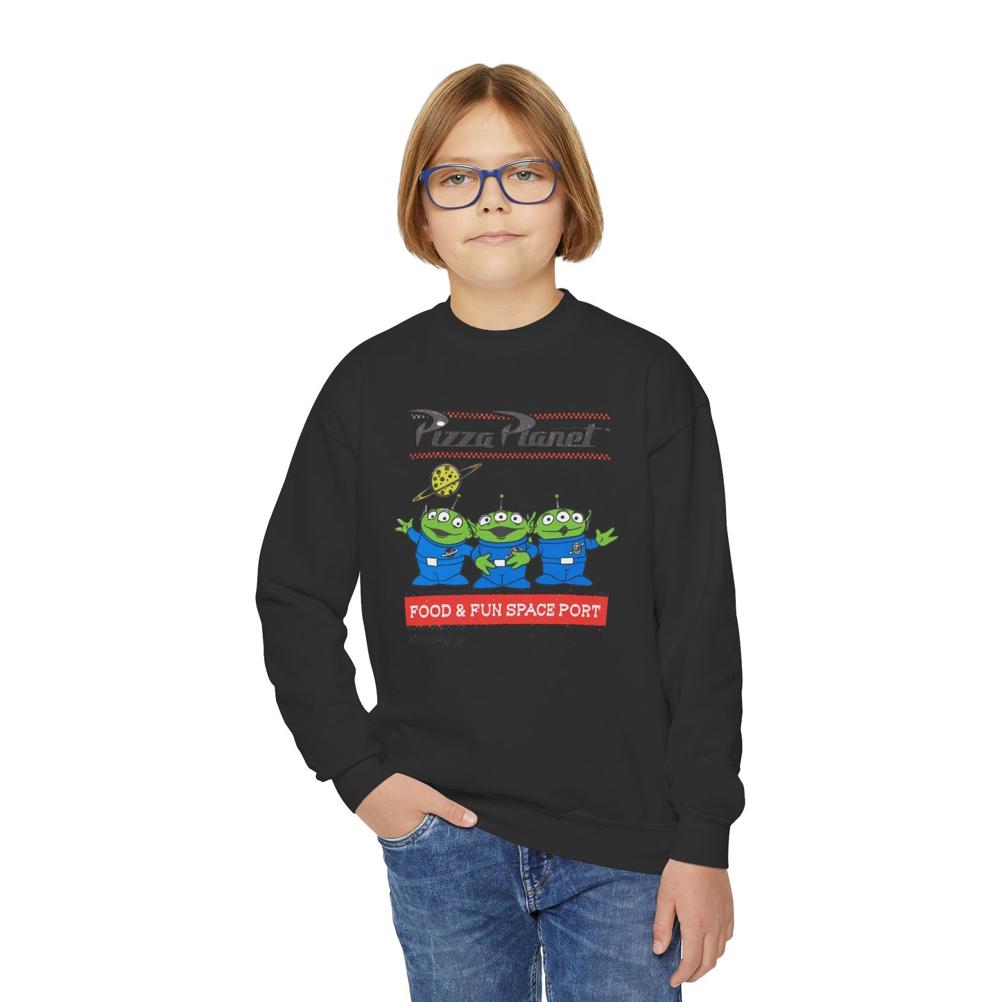 Pizza Planet Youth Crewneck Sweatshirt | Fun & Playful Gift for Kids, Space Theme Apparel, Ideal for Birthdays, Halloween, Everyday Wear