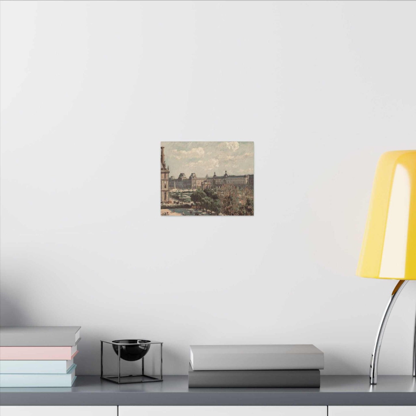 Matte canvas stretched on wall with yellow lamp; eco-friendly pine frame.