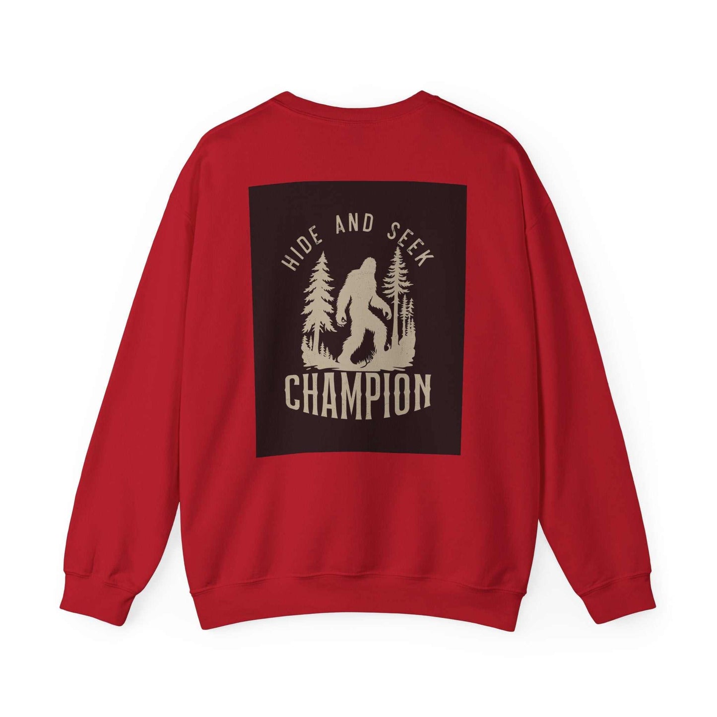 Unisex Heavy Blend™ Crewneck Sweatshirt in red featuring "Hide and Seek Champion" design on back.