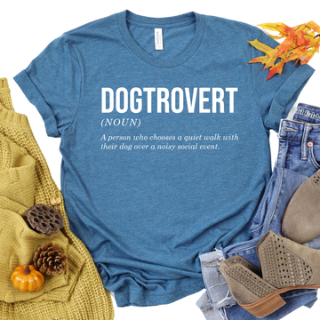 Dogtrovert T-Shirt for Introvert Dog Lovers with Definition Graphic on Blue Shirt.