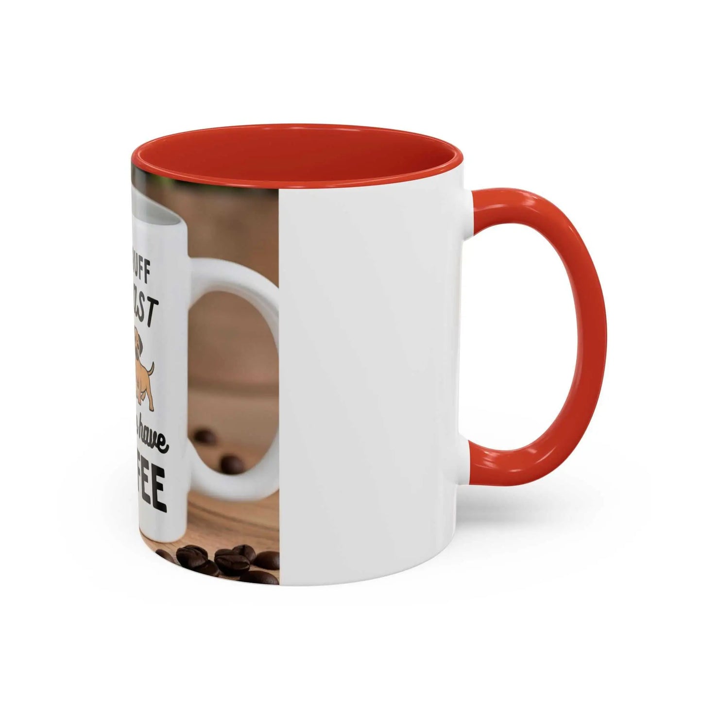 Cute dog design coffee mug with red interior and handle.