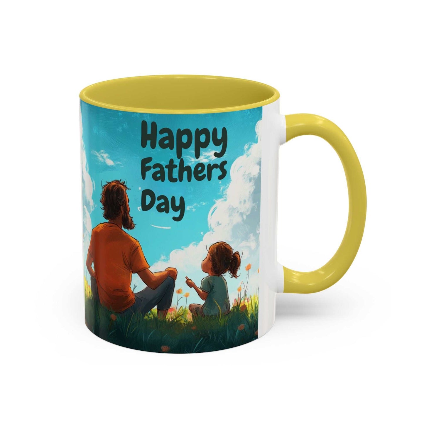 Colorful 11oz Father's Day mug with yellow handle and interior, featuring artistic print.