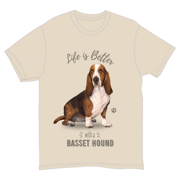 Basset Hound pet lover unisex T-shirt, 100% cotton, featuring dog graphic and "Life is Better with a Basset Hound" text.