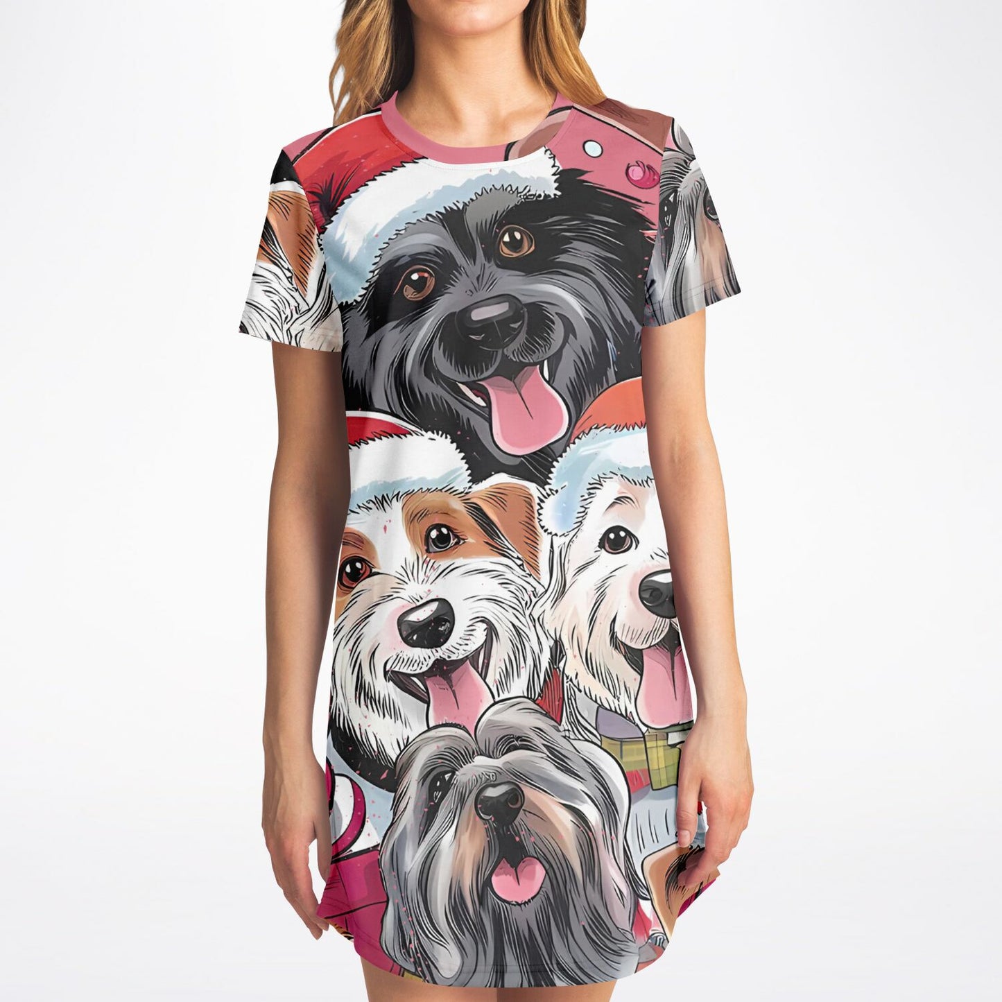 Christmas Dogs AOP T-Shirt Dress – Festive All-Over Print Holiday Style