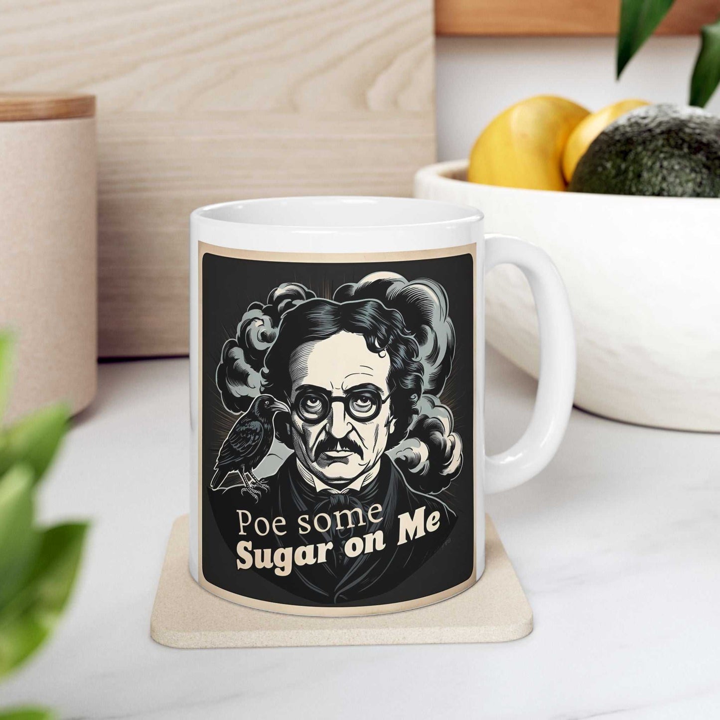 Edgar Allan Poe inspired mug with "Poe Some Sugar On Me" design, ceramic, glossy finish, perfect gift for writers and coffee lovers.