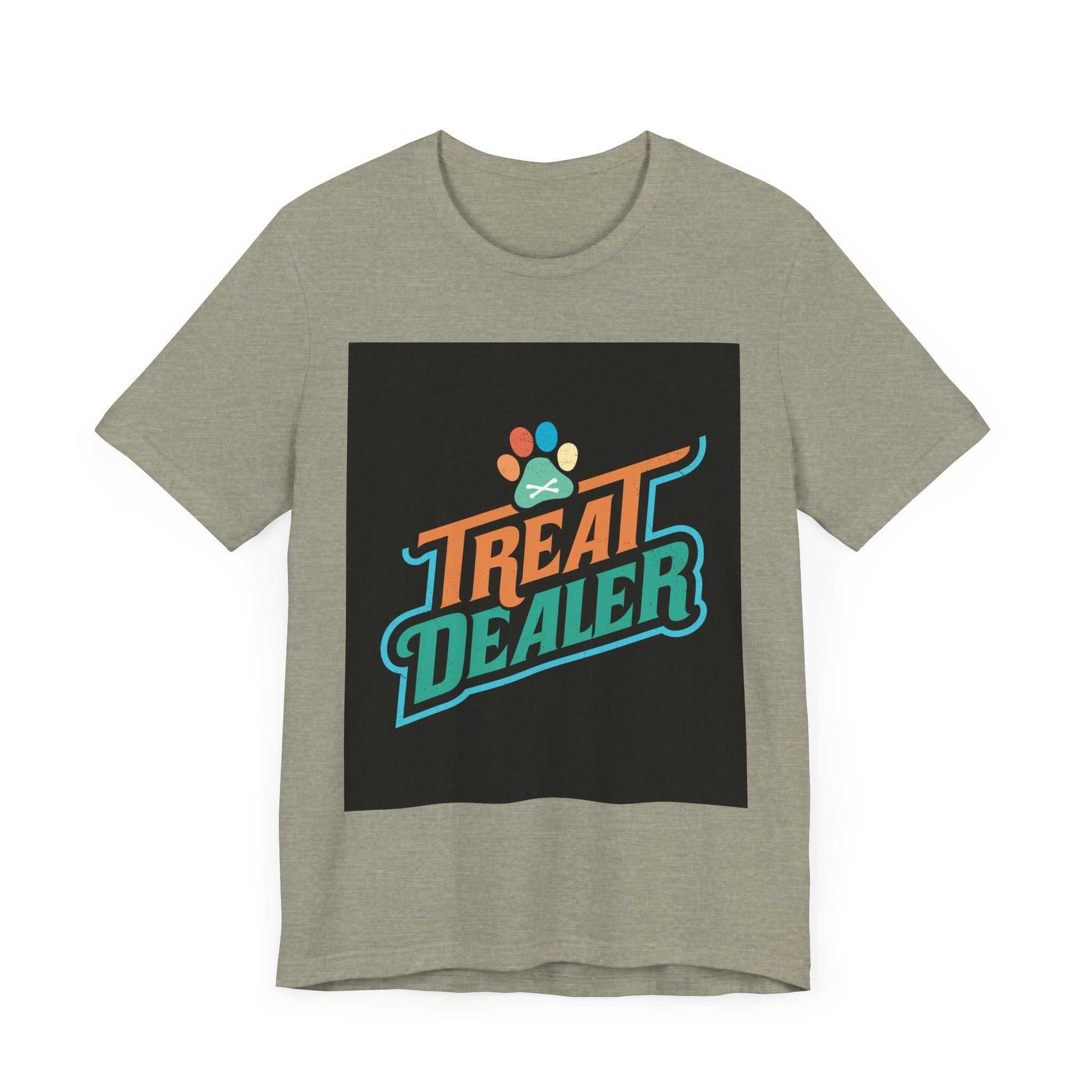 Unisex jersey short sleeve tee with a "Treat Dealer" graphic print and ribbed knit collar.