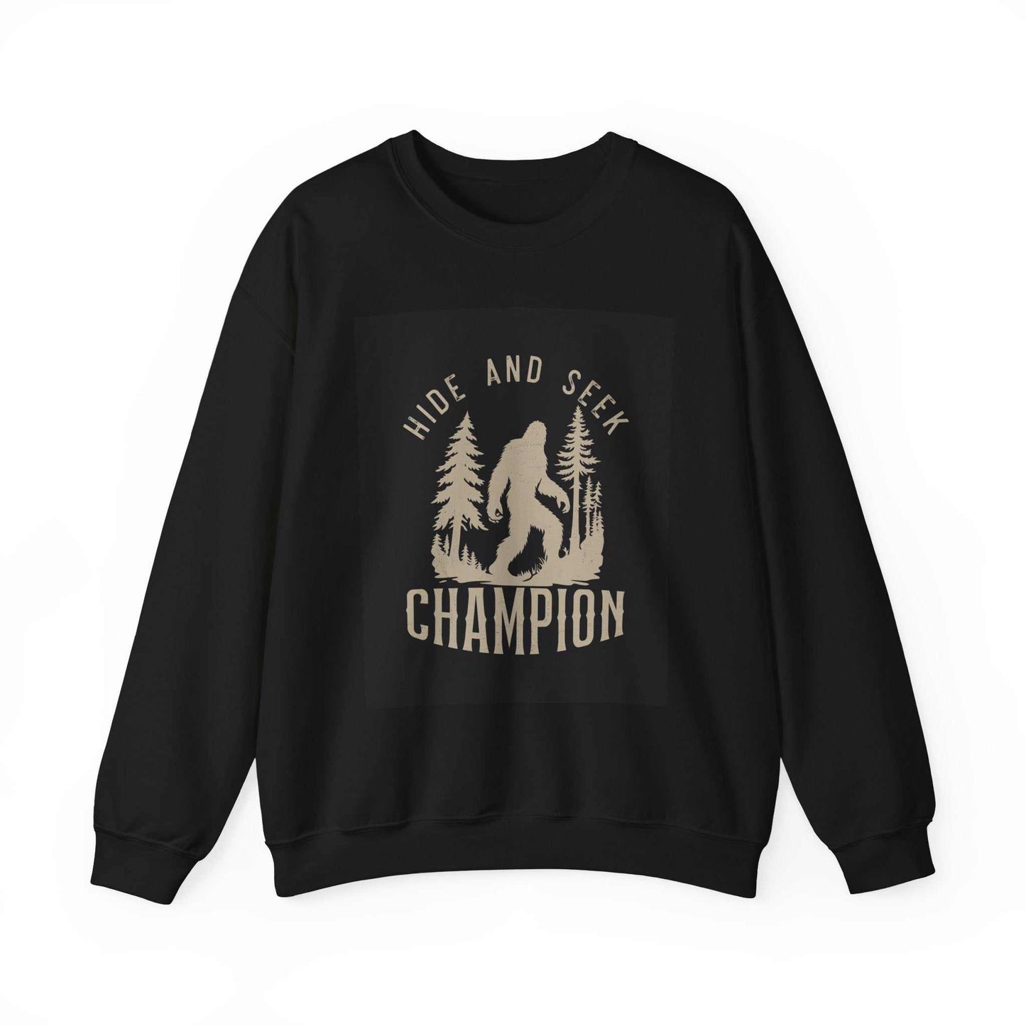 Unisex Heavy Blend™ Crewneck Sweatshirt with 'Hide and Seek Champion' graphic in black, ribbed knit collar, made from 50% cotton and 50% polyester for comfort and durability.