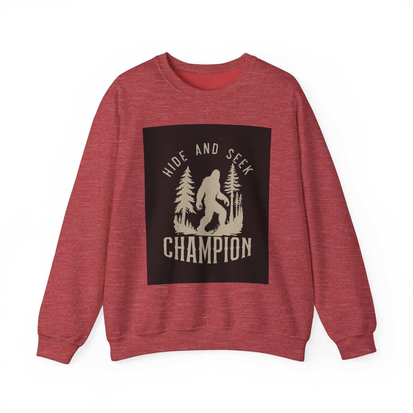 Unisex Heavy Blend™ Crewneck Sweatshirt in red with a "Hide and Seek Champion" graphic, made of polyester and cotton.