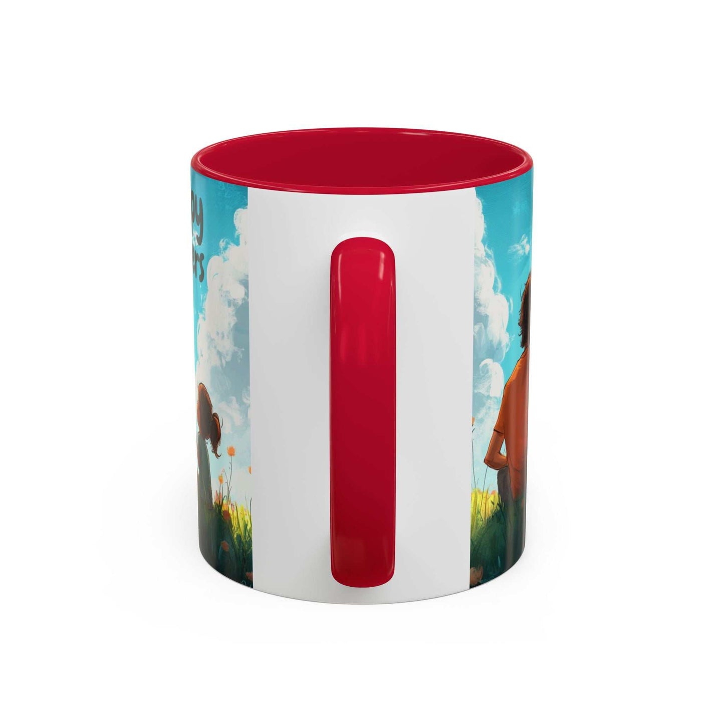 Colorful ceramic mug with a red handle and interior, available in 11oz or 15oz.
