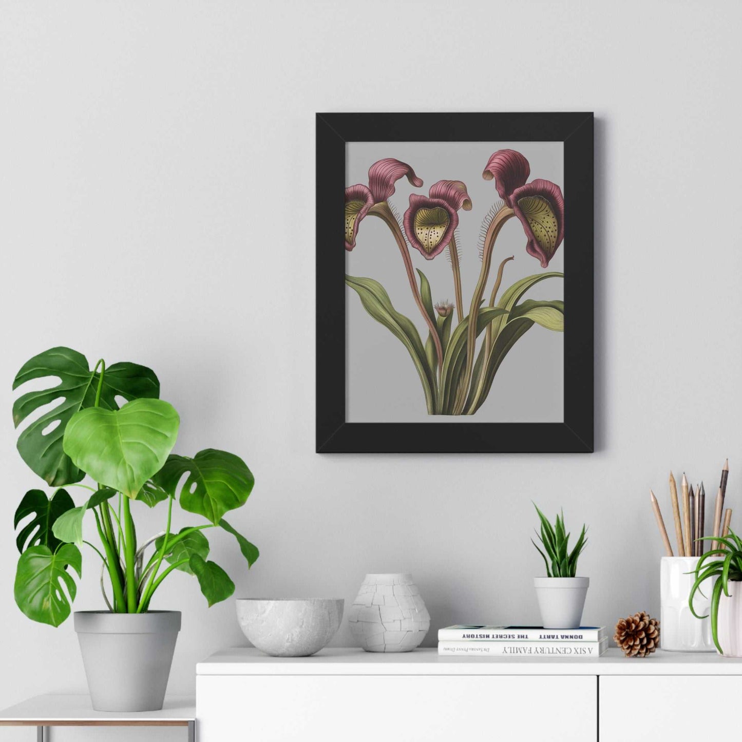 Premium framed vertical poster with museum-quality matte photo paper; black frame, decorative botanical artwork.