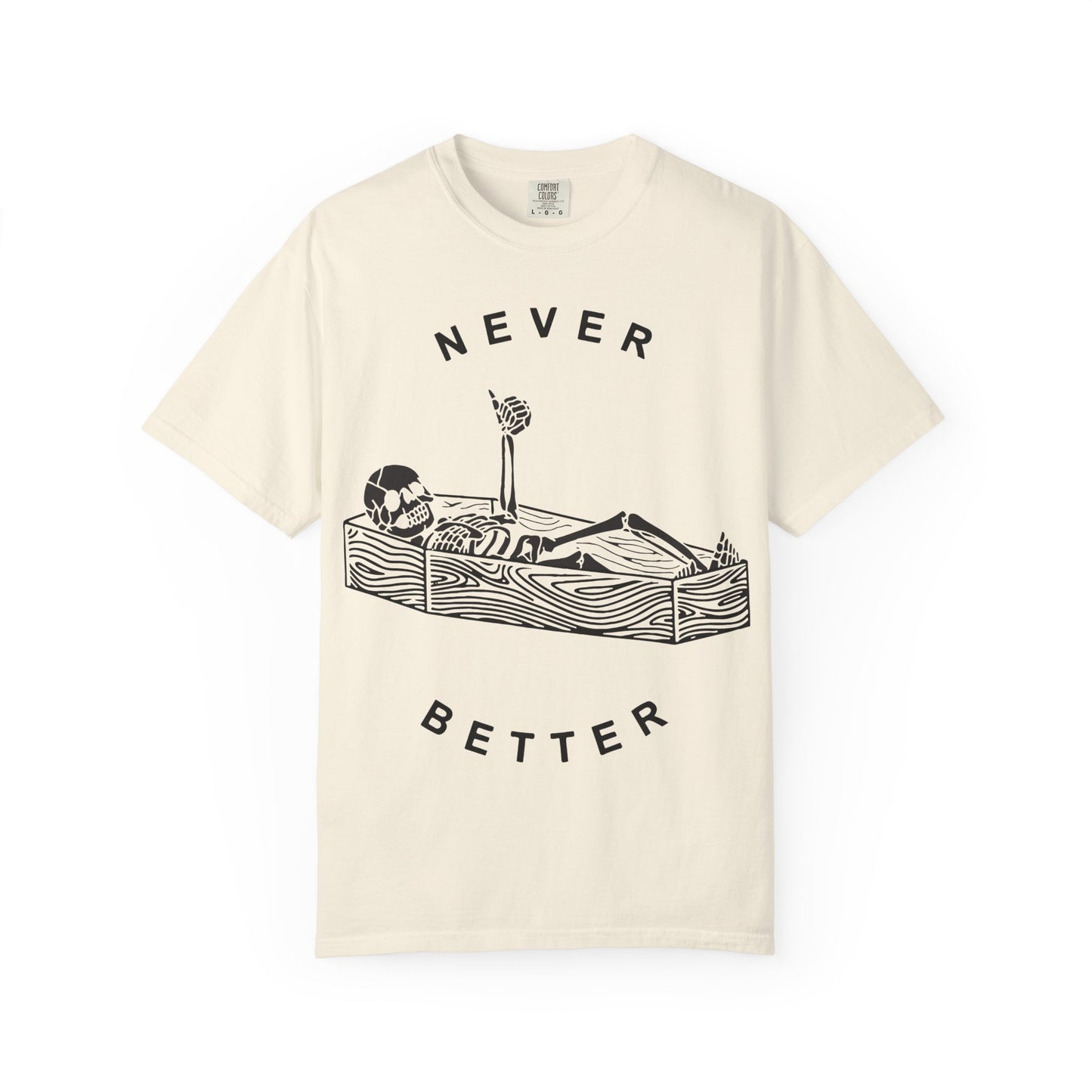 Halloween t-shirts never better skeleton giving a thumbs up in a casket