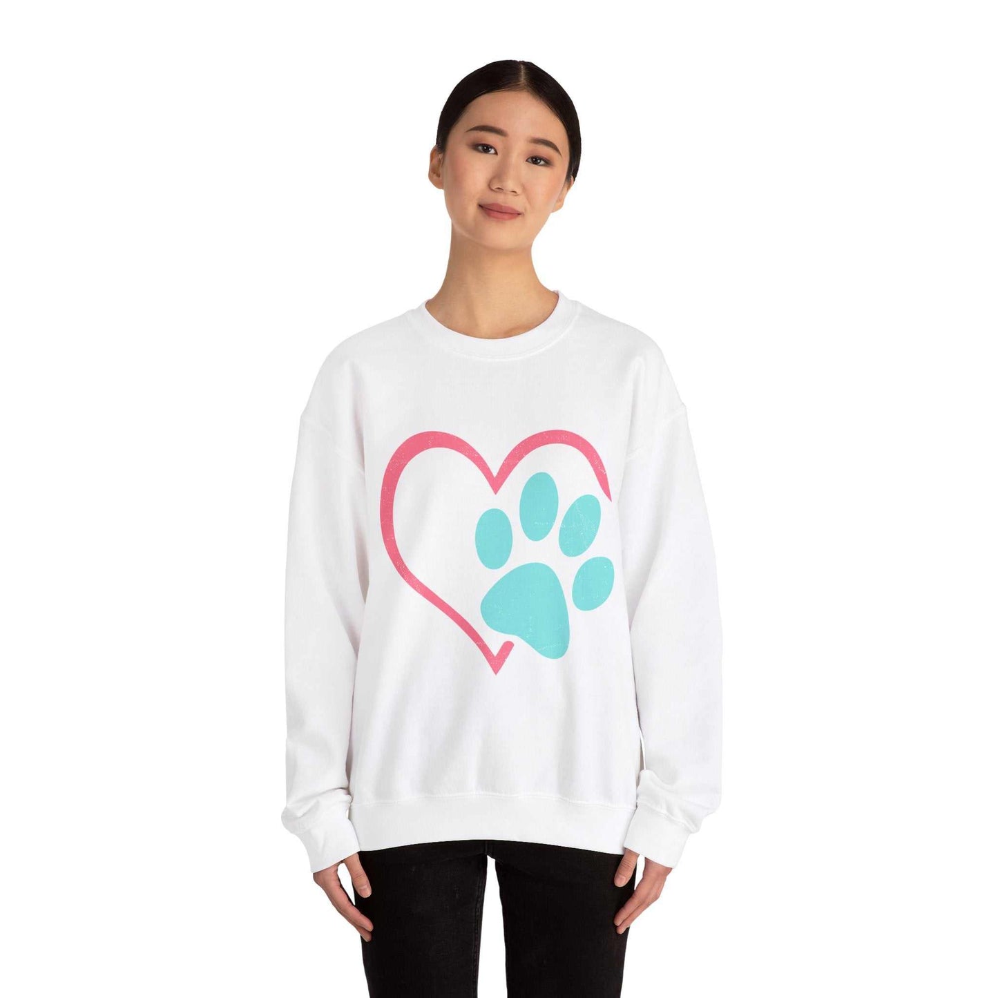 Unisex Heavy Blend™ Crewneck Sweatshirt featuring a paw print and heart design, ideal for comfort with a cotton-polyester blend.