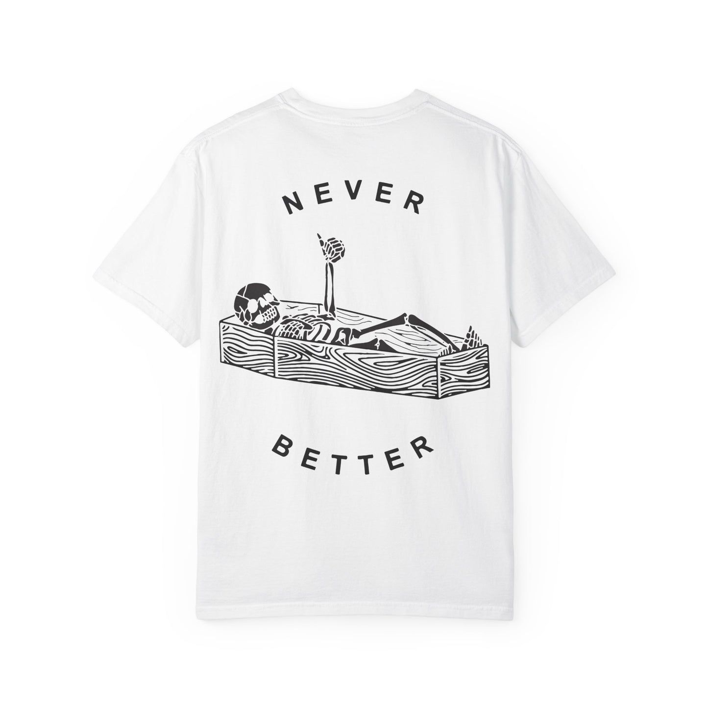 Halloween t-shirts never better skeleton giving a thumbs up in a casket
