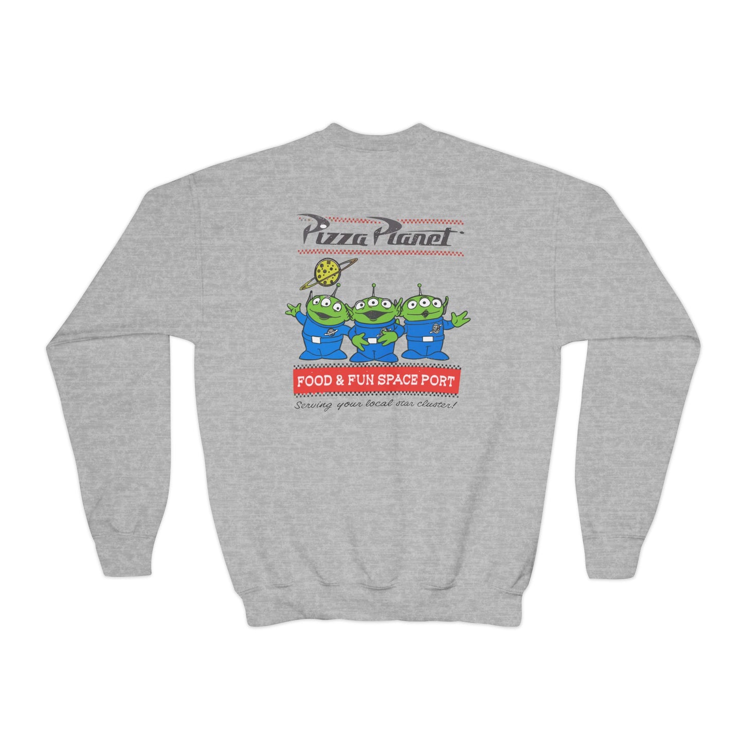 Pizza Planet Youth Crewneck Sweatshirt | Fun & Playful Gift for Kids, Space Theme Apparel, Ideal for Birthdays, Halloween, Everyday Wear