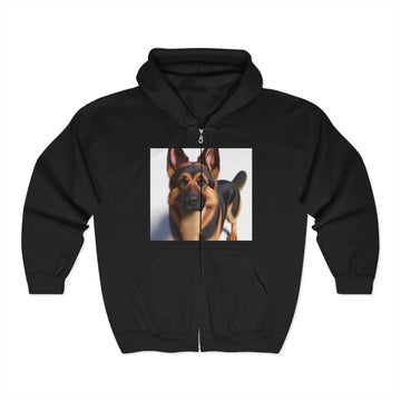 Unisex Heavy Blend™ Full Zip Hooded Sweatshirt with dog graphic, black color.