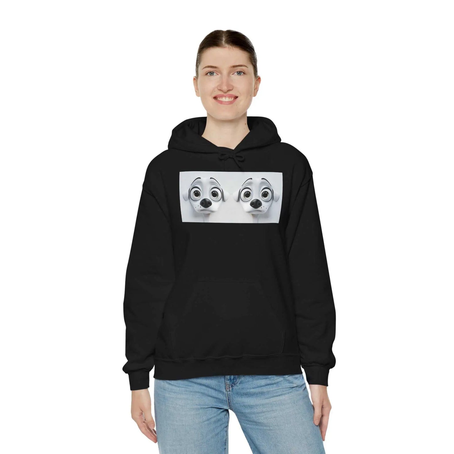 Unisex black hoodie featuring a 3D sarcastic dog face design, offering warmth and style with a kangaroo pocket and color-matched drawstring.