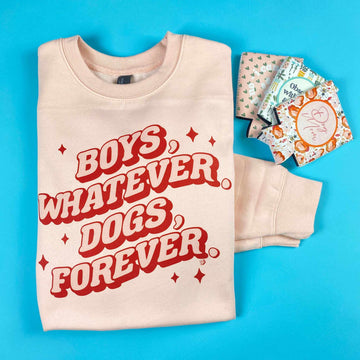 Retro Wave Dogs Forever sweatshirt in rose pink with multicolored print, supporting local shelters.