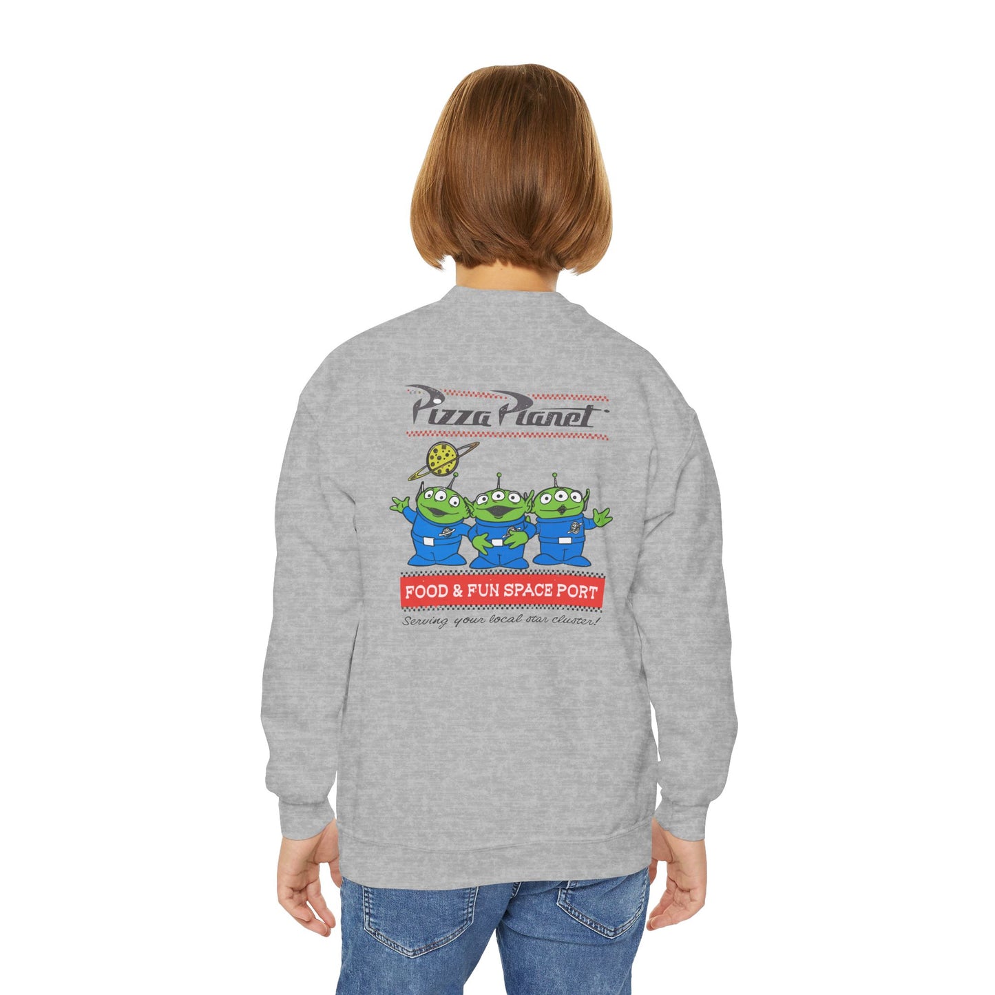 Pizza Planet Youth Crewneck Sweatshirt | Fun & Playful Gift for Kids, Space Theme Apparel, Ideal for Birthdays, Halloween, Everyday Wear