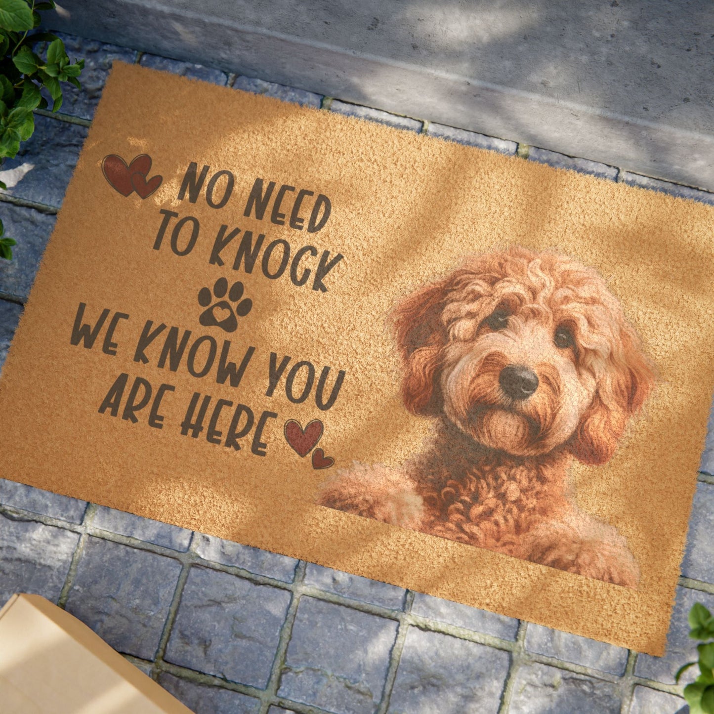 Personalized doormat with dog design, 24" x 16", tufted coir coconut fiber, outdoor use.