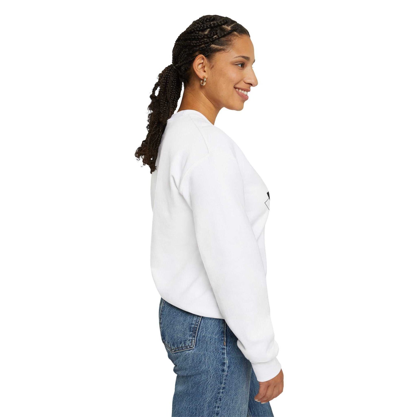 80s inspired unisex sweatshirt with ribbed knit collar, polyester and cotton blend, side view.
