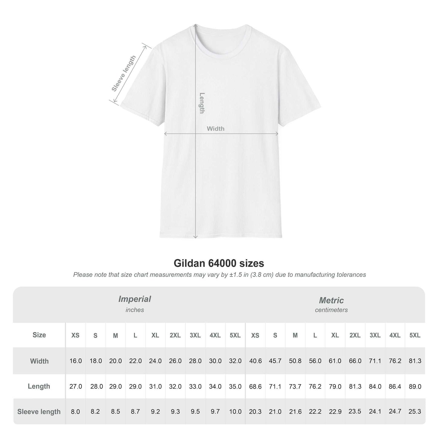 Unisex Softstyle T-Shirt size chart and measurements for comfortable fit.