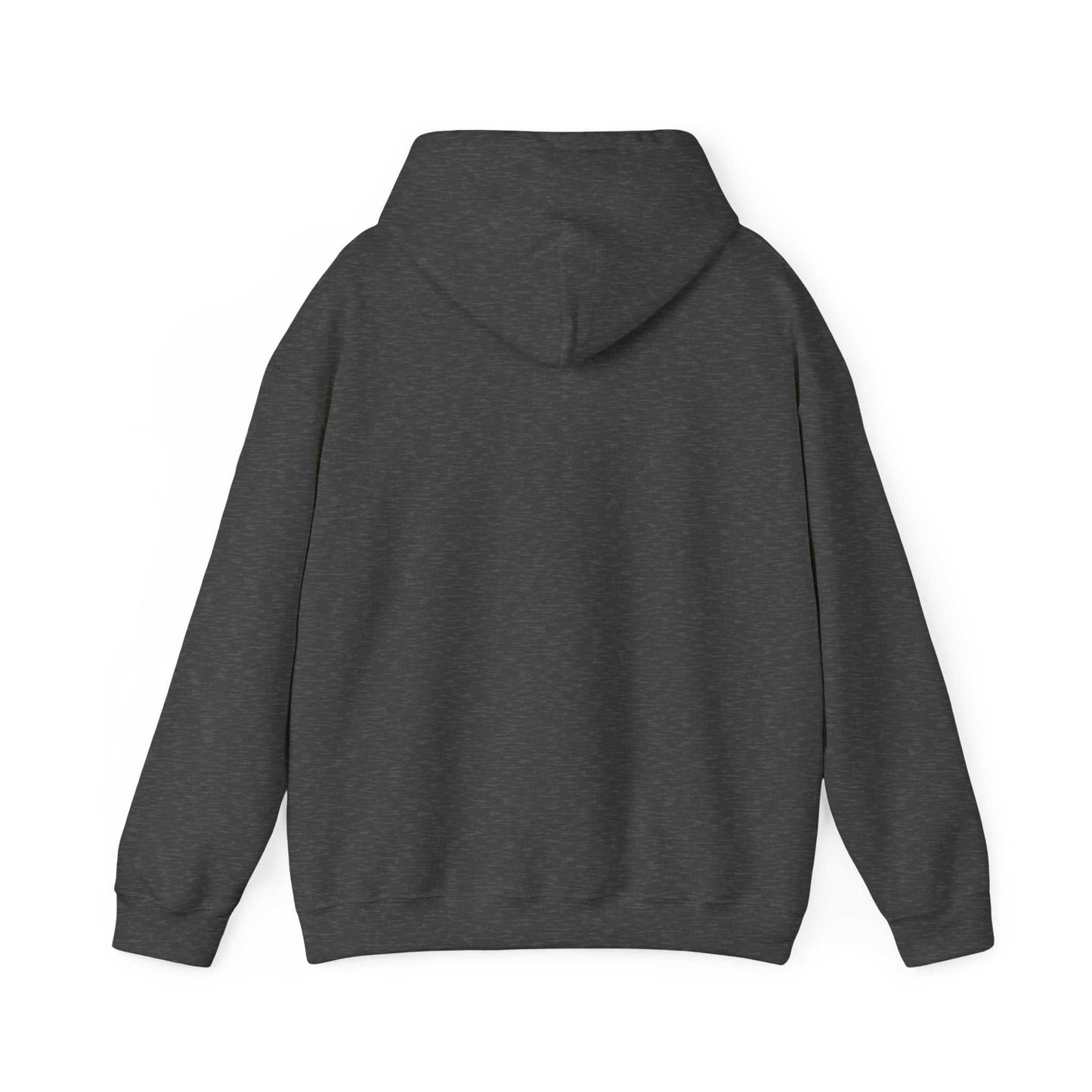 Unisex heavy blended sweatshirt with hood in dark grey, showcasing back view.